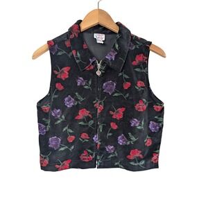 Talbots Kids Vintage 90s Velvet Floral Rose Zip Up Vest Black Red Purple Size 14